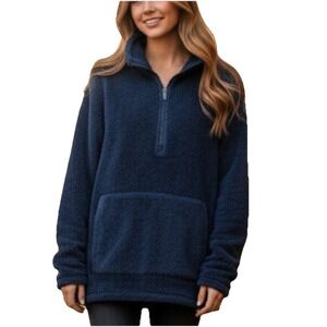 LL Bean Blue 1/4 Zip Sherpa Fleece Pullover Pockets Fuzzy Size MEDIUM